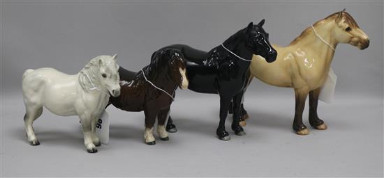 Four Beswick ponies comprising Dun Highland 1644, Fell 1647 and Shetland 1033 and H185, all gloss